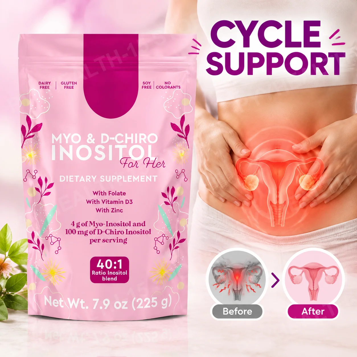 Myo-Inositol & D-Chiro Inositol Powder 40:1,4000mg with Folate,Zinc & Vitamin D3,Women's Cycle & Ovarian Wellness,45 Servings