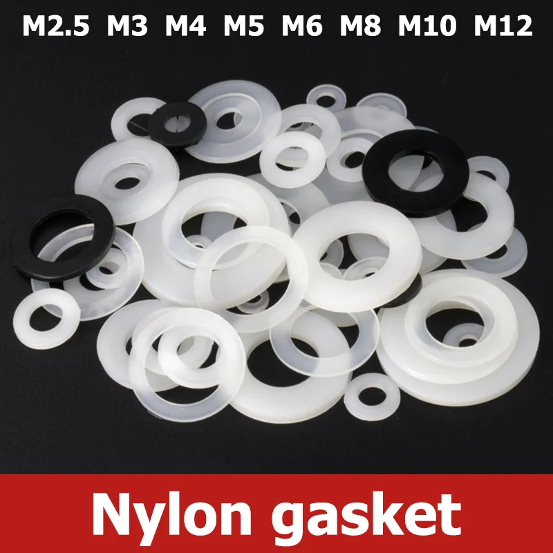 

20-100pcs M2 M2.5 M3 M4 M5 M6 M8 M10-M14 Black/White Plastic Nylon Flat Gasket Washer O-Ring Seal Washer Plane Spacer Insulation