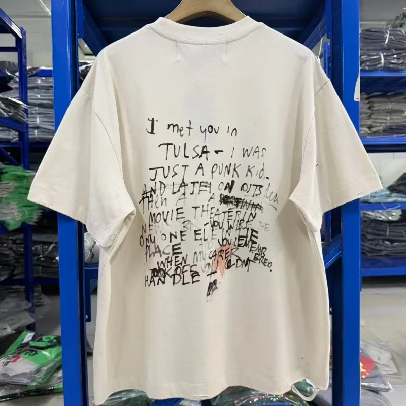 Vintage Washed Oversized Men Cotton T-Shirt PALY Retro Portrait Handwritten Text Print Tee
