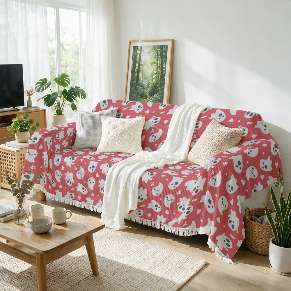 Cute Skull Pattern Throw Blanket for Sofa Couch Fall Halloween Decor Cozy Knit Throw Cover Decorative Seating Pillow Accessory
