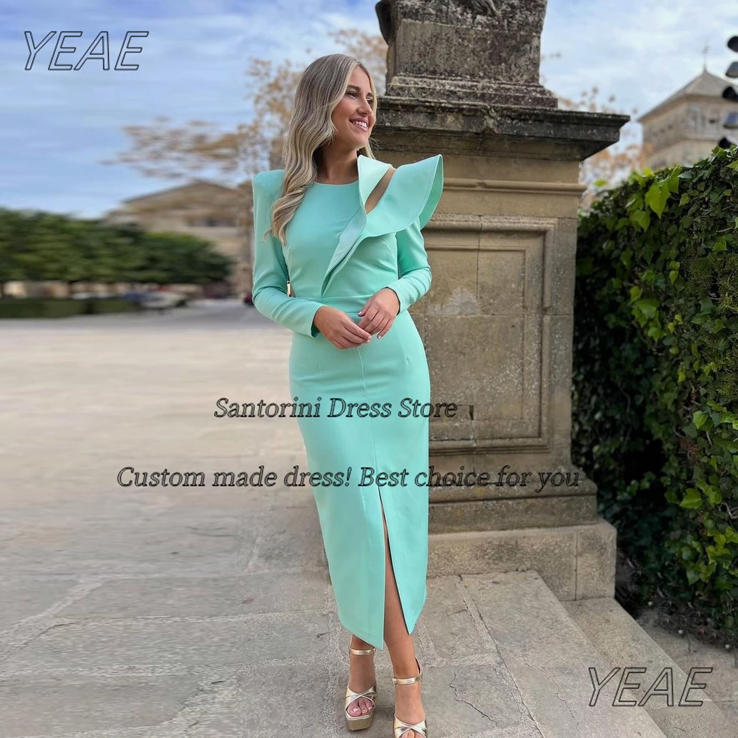 Santorini Customized Prom Dresses O-Neck Long Sleeves Evening Party Saudi Arabia Women Wear Front Slit Cocktail Dress