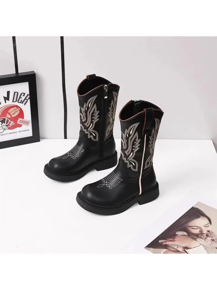 Bottes longues classiques en cuir PU pour enfants 2025, style western cowboy brodé, pour filles, semelle souple, bottes rétro de princesse pour l'automne