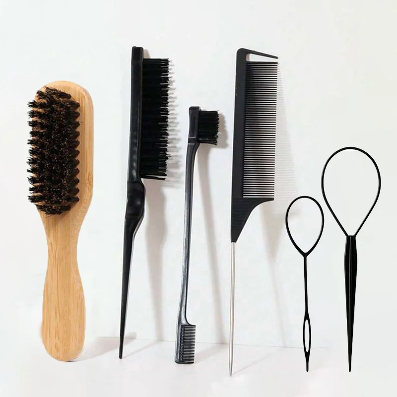 6Pcs Anti-static Hair Comb Set Bamboo Plastic Handle Detangling Dual-ended Split End Combs for All Hair Types Wig Care Travel