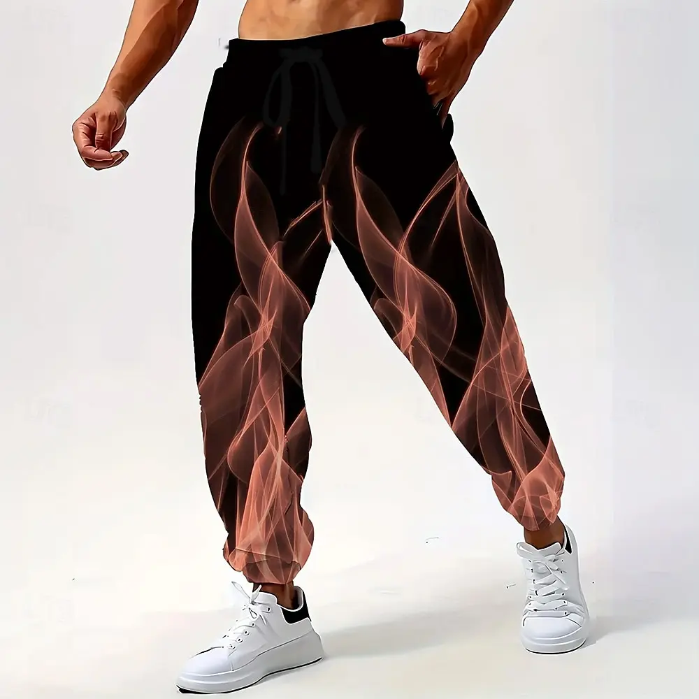 Abstract Flame Printed 3D Print Men's Side Pockets Elastic Drawstring Sweatpants Joggers Pants Casual Trousers Outdoor Street