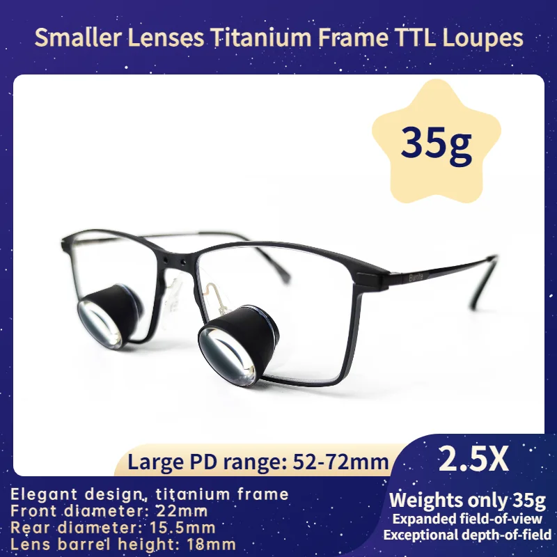 Smaller Lenses Titanium Frame TTL2.5X Loupes Dental Medical Surgical Loupes IPD Customized 52-72mm Working Distance 300-580mm