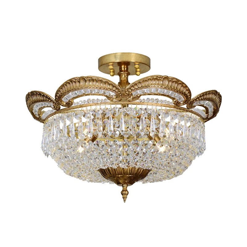 

French all-copper crystal ceiling lamp, bedroom luxury living room round pattern European led retro entrance lamp