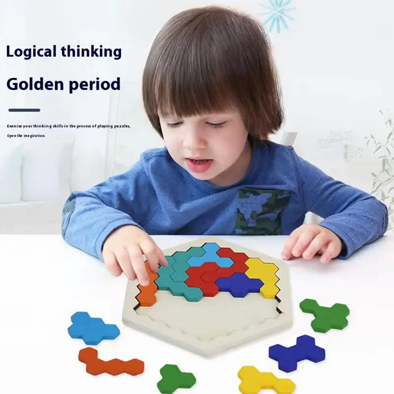 Wooden Hexagon Puzzle Honeycomb Jigsaw Puzzle Brain Teasers Color Engaging Logic Puzzles Colorful Kindergarten Toys For All Age