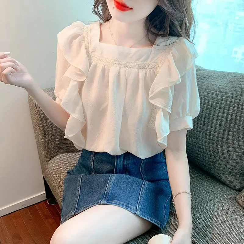 2024 New High-end Short Sleeve Ruffled Chiffon Women\'s Shirt Summer Patchwork Square Neck Versatile Super Immortal Top for Women