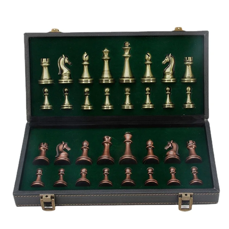 

Luxury Metal Chess Set Retro Bronze Chess Pieces Leather Checkerboard Portable Foldable Board Games for Family Travel Table Game