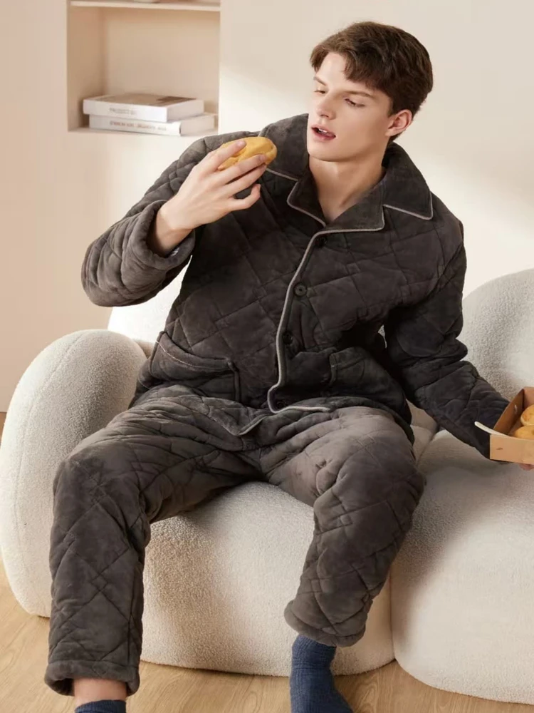 fenteng-men's-winter-spwear-coral-fce-comfortable-home-clothes-set-long-sve-flip-collar-tee-layer-cotton-coat