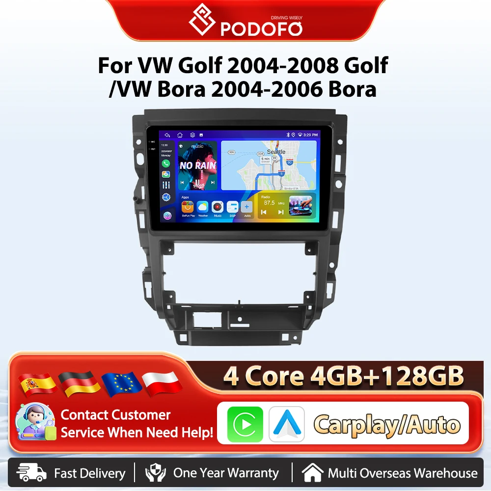 Autoradio Podofo 9'' con Carplay Wireless e Android Auto per Volkswagen Golf 2004-2008/Bora 2004-2006, sistema multimediale per auto con GPS, navigazione, BT, FM/RDS, 2din, sistemi intelligenti per