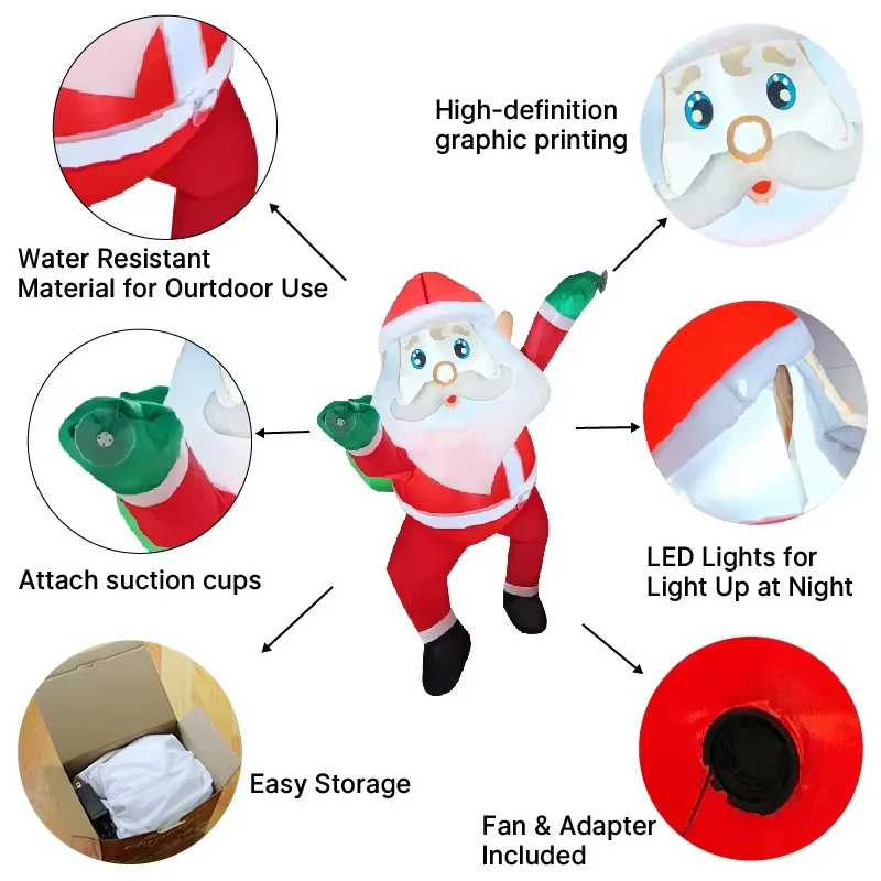 1PC Christmas Inflatables Roof Outdoor Decorations Climbing Santas Funny Hanging Santa Inflatable with Gift Bag for Window Eaves