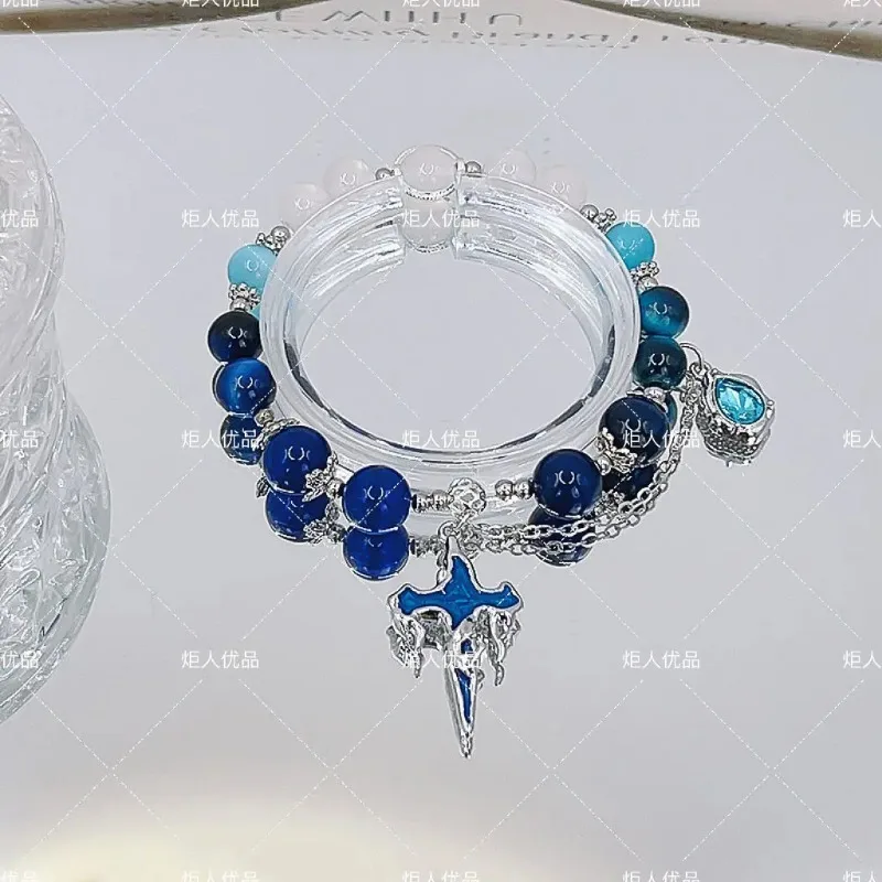 Genshin-pulsera de impacto para mujer, brazaletes de Fontaine, pulseras de cuentas azules y blancas, colgante de cruz, regalos de Cosplay para niñas