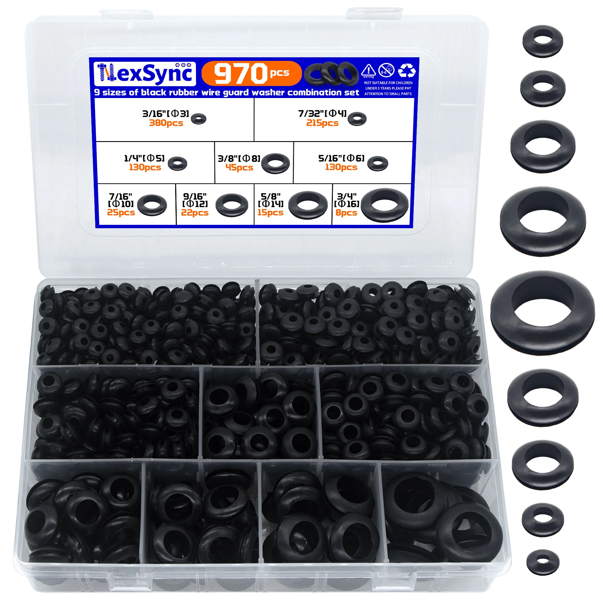 970Pcs Black Rubber Wire Guard Washers Kit 9 Sizes Imperial Grommets Assortment Set for Cable Protection Electrical Wiring