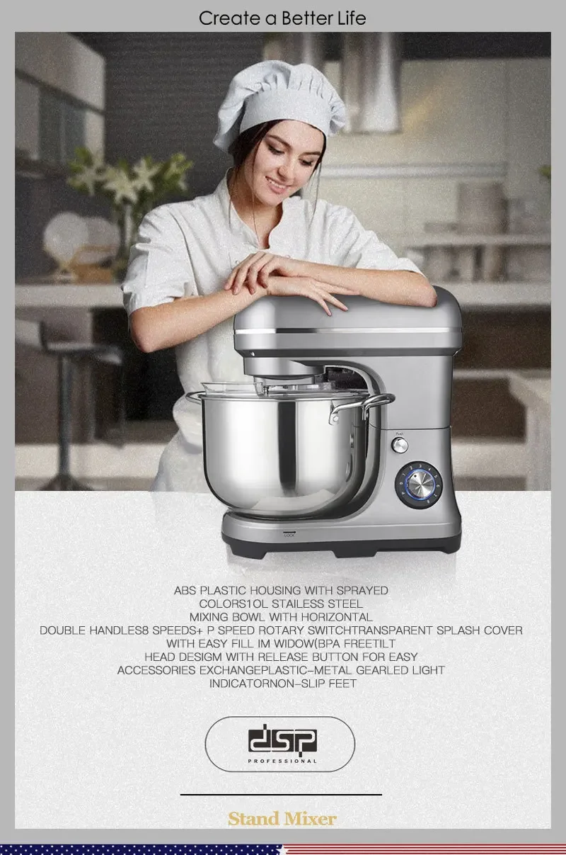 Electric Mixer, 10L Large Capacity Stainless Steel Bowl, 8-speed + P Shift Switch, with Ball Hook, Stirring Hook, Egg Beater