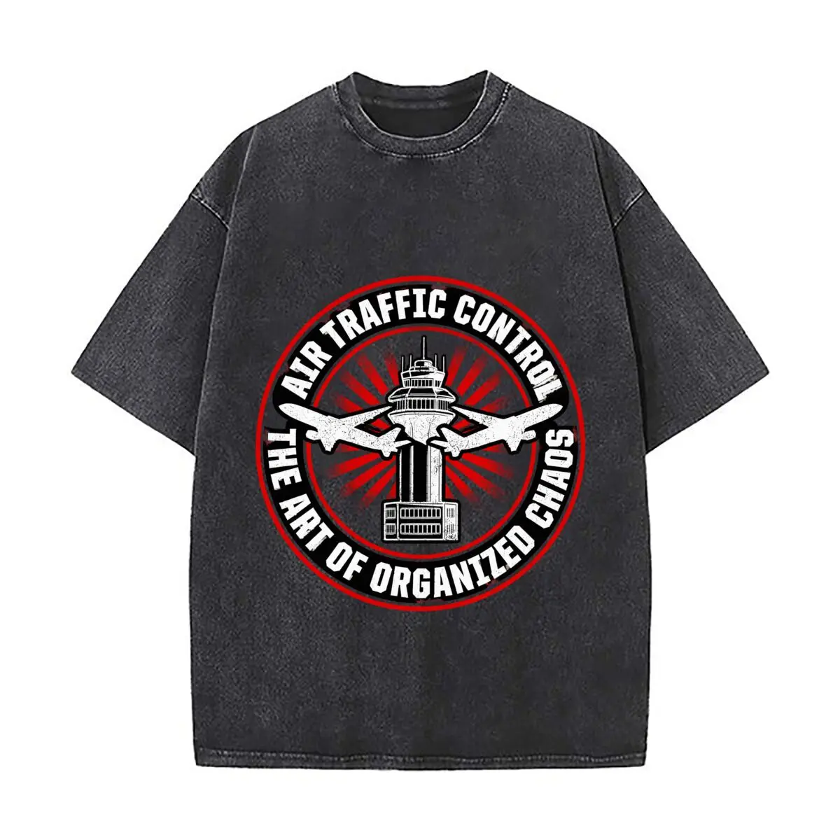 Air Traffic Control The Art Of Organized Chaos Airplane Tower Washed Short Sleeve Loose Streetwear Tee Hip Hop
