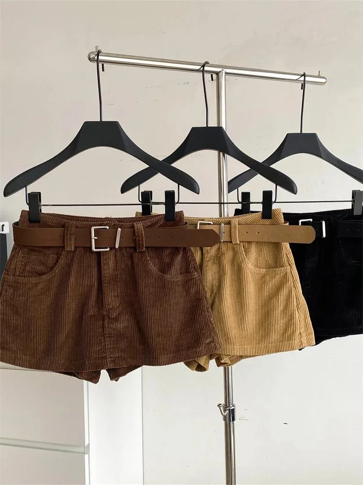 Korean Retro Corduroy Culotte Female Sashes Metal Button Pocket Simple Autumn Winter Casual Fashion Mini A-line Skirt