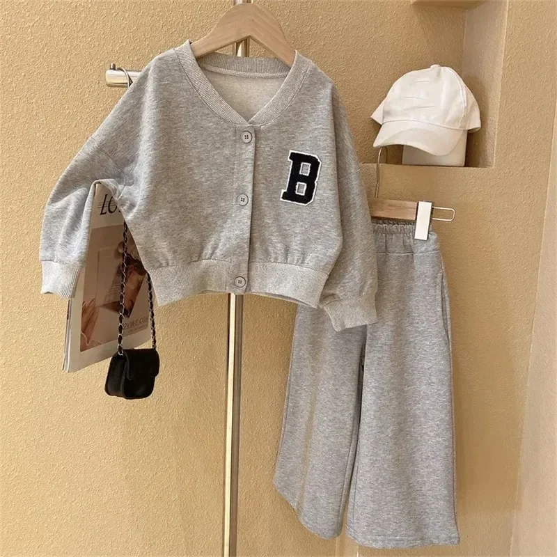 Korean Version Spring/Autumn Girls' Clothes Set Letter Printed Long Sleeved V-neck Cardigan+Pants Sportswear Children's Clothing