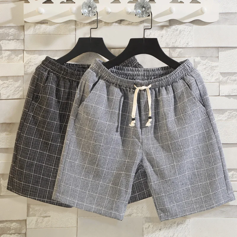 2025 Cotton and Linen Beach Pants Summer Checkered Men's Shorts Five Point Casual Pants Versatile Man Fashion Large Shorts
