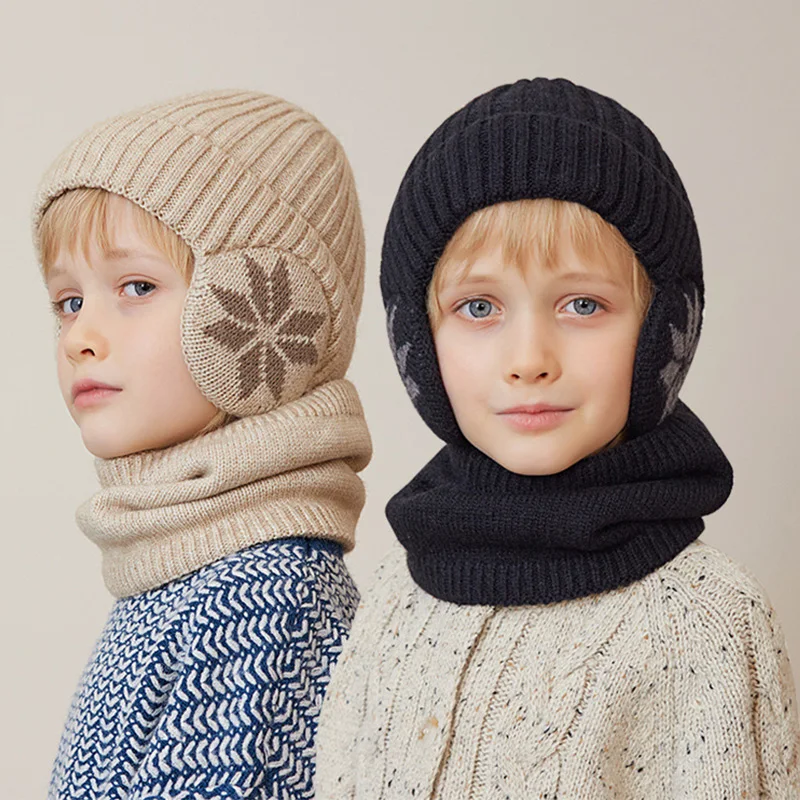 

Winter Children Hat Scarf Set Plus Velvet Knitted Woolen Hats for Boys Ear Warm Protection Beanie Kids Outdoor Accessories 4-10Y