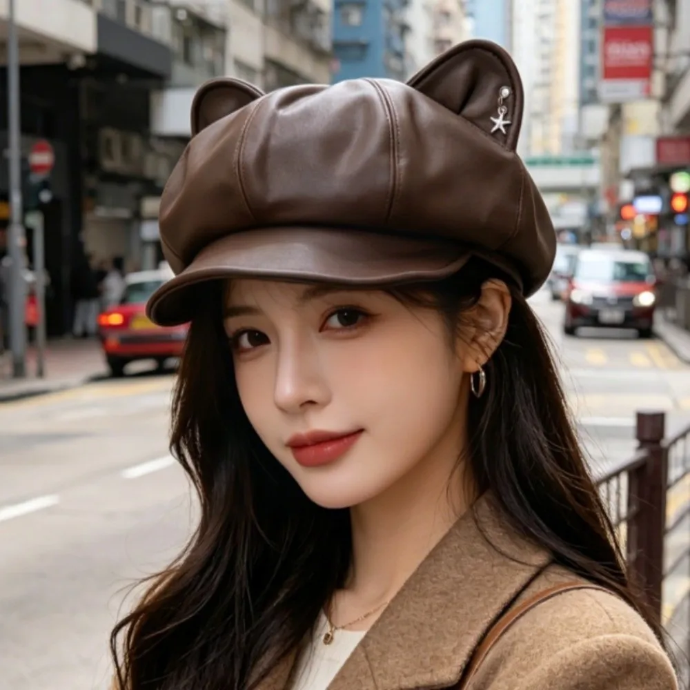 Personalized PU Leather Cat Ear Beret Hat Solid Color Versatile Octagonal Hat Painter Hat for Women