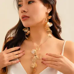 Lacteo Exquisite Elegant Leaf Petal Long Tassel Pendant Necklace Drop Earrings for Women Fashion Party Banquet Wedding Jewelry