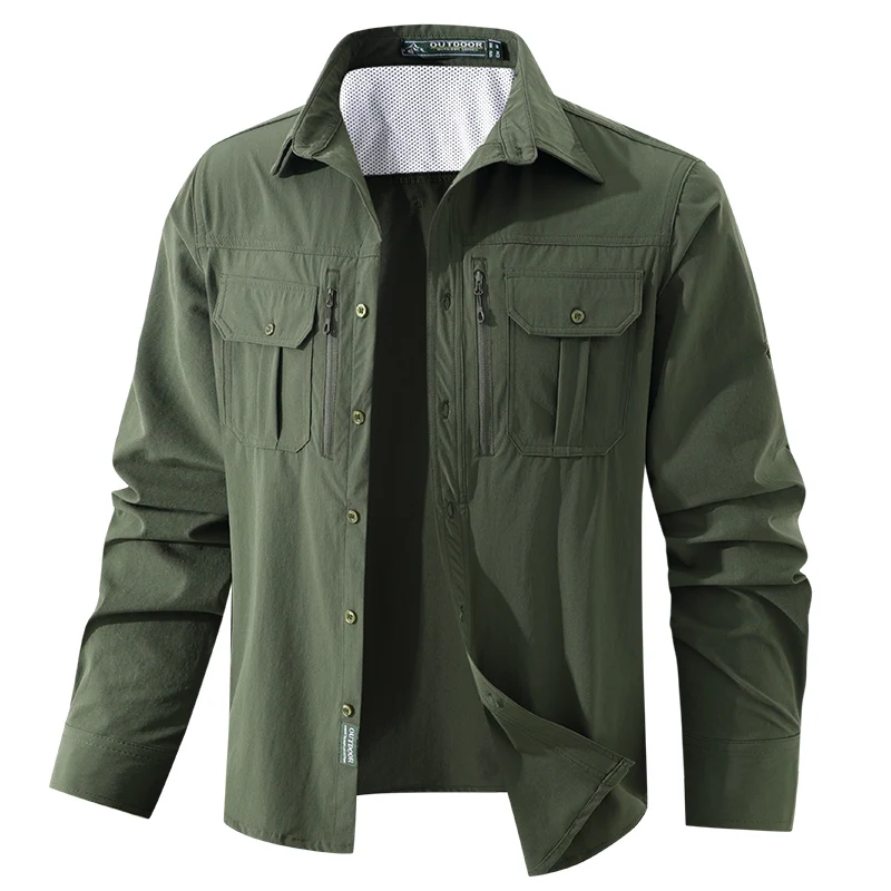 Mens Long Sleeve Tactical Shirt Men Cargo Work Shirt with Chest Zipper Pocket Outdoor Quick Dry Breathable Hiking Fishing Shirts