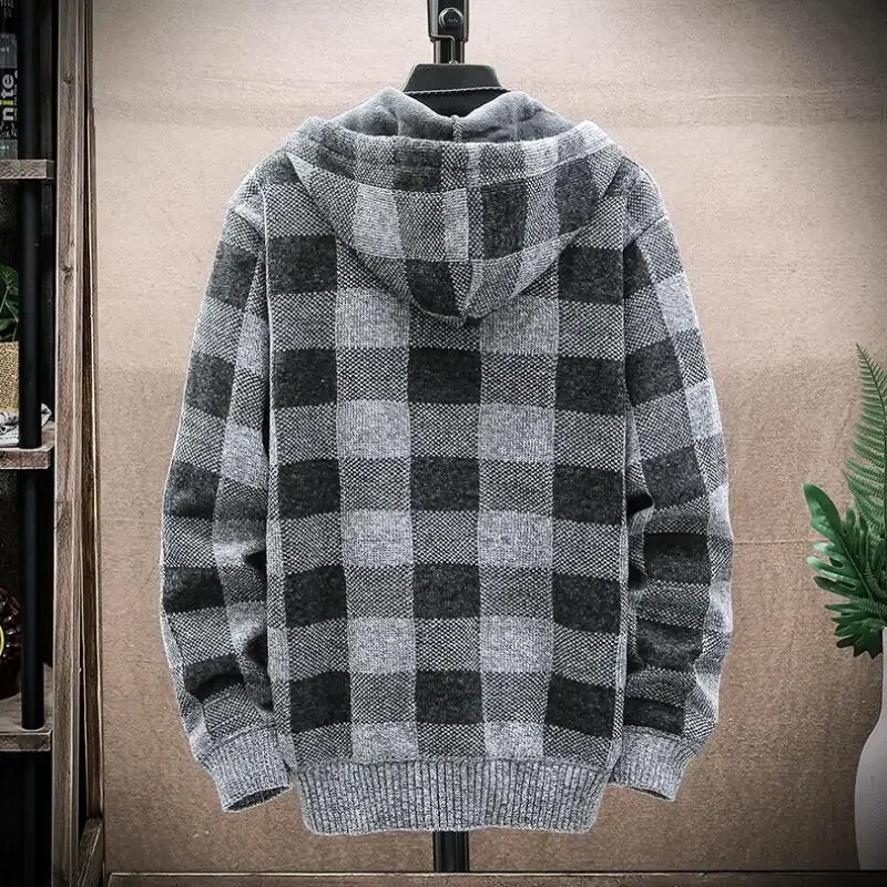 Knitted Cardigan Sweater Fall/Winter New Fleece Male Jacket Men\'s Clothing Plaid Printed Long Sleeve Warm Hooded Sweater Coat