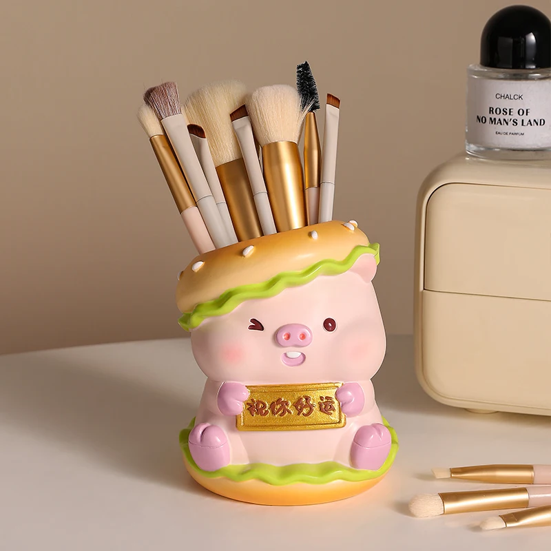 Cute Burger Pig Pen Holder, Kawaii Desktop Stationery Storage Bucket Creative Tabletop Decor Ornament