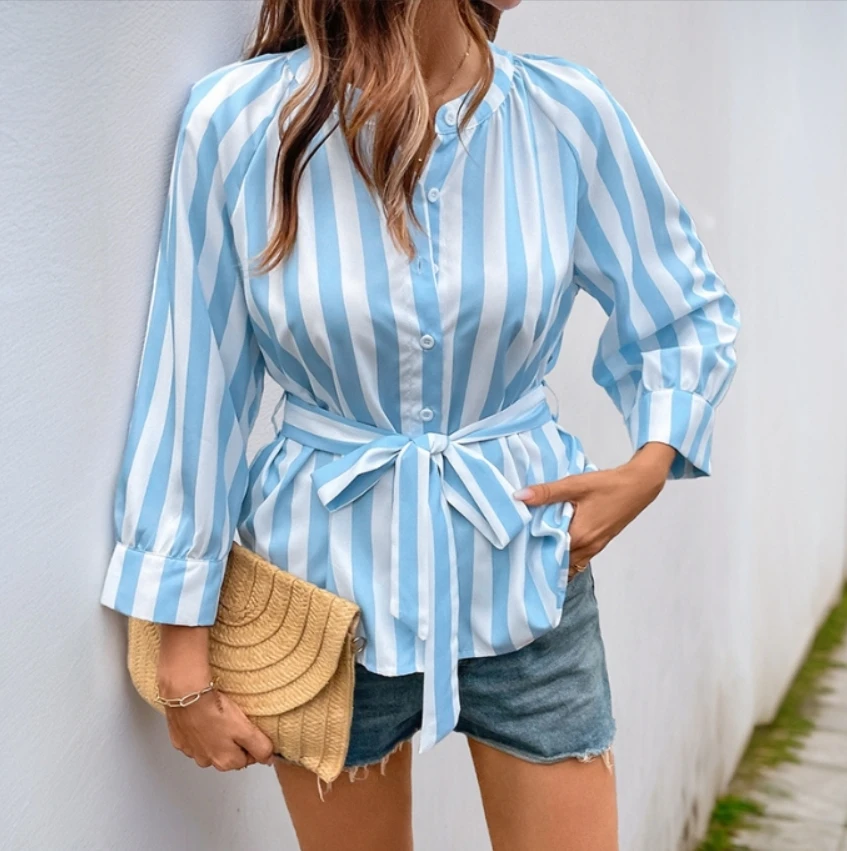 Top striped lace up V-neck seven quarter sleeved shirt