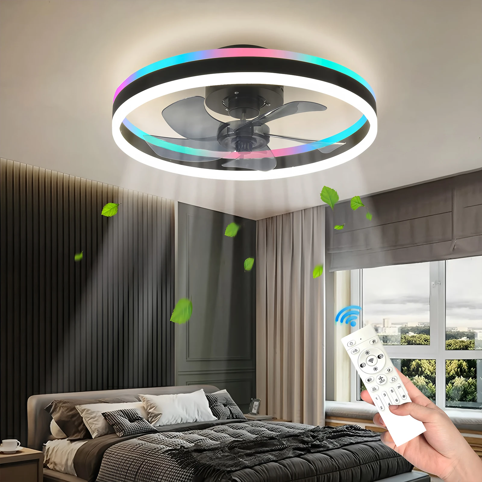 مصباح مروحة سقف LED ذكي حديث مع جهاز تحكم عن بعد وتطبيق يعتم 6 سرعات داخلية لغرفة النوم وغرفة المعيشة وغرفة الطعام 220 فولت