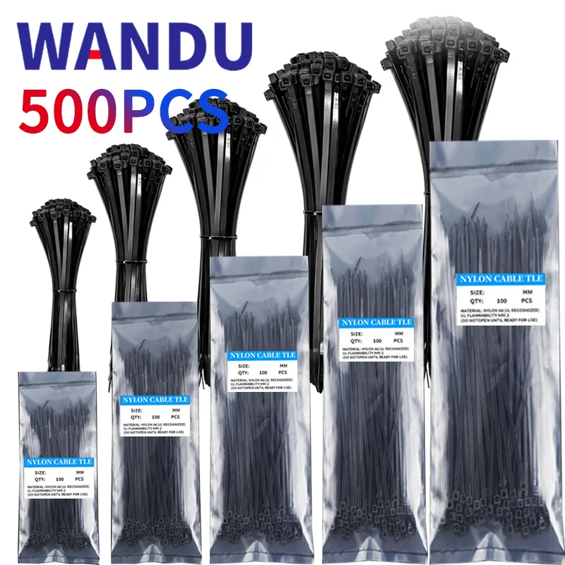 500PCS Self-Locked Nylon Cable Tie Black Plastic Wire Zip Ties Sets Fixed Binding 4-6-8-10-12inch High Tensile Wandu Office use