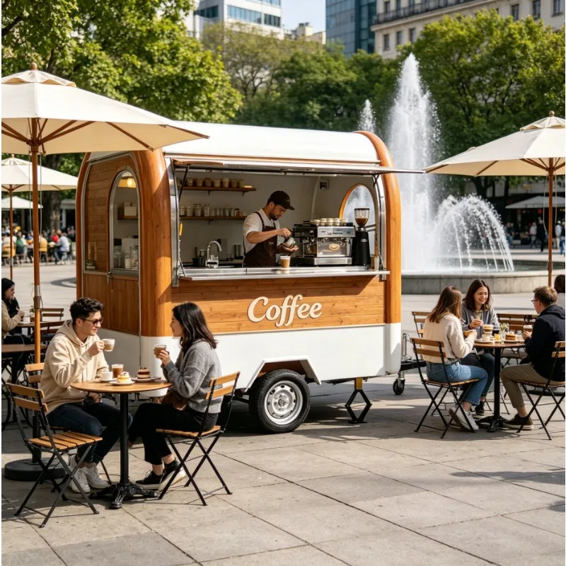 Camión de Comida/Food Truck de Helados, Remolque Móvil Totalmente Equipado con Congelador y Vitrina, Cocina de Acero Inoxidable, Carrito de Catering para Exteriores, Certificado CE