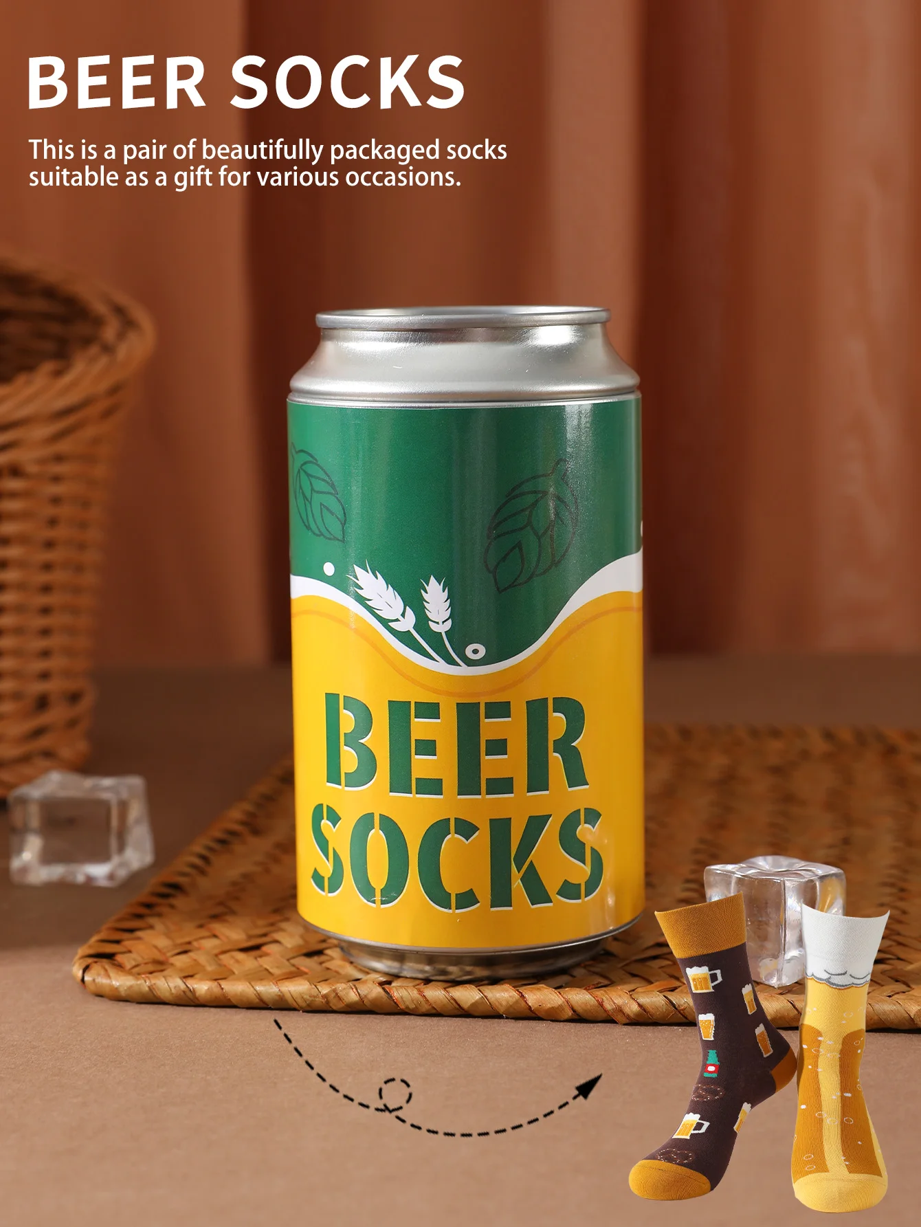 

1 pair of mid-calf socks for men and women, featuring a novelty beer can design, practical and suitable for holiday gifting.