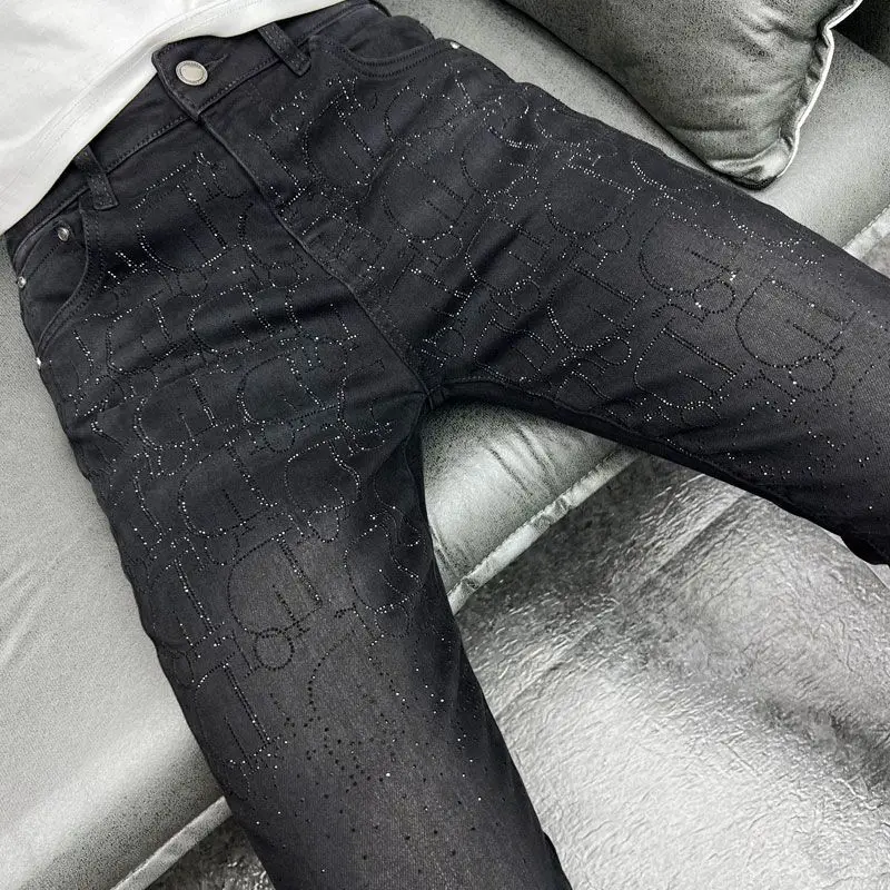 Men\'s Clothing Autumn and Winter high quality Letters Hot Drilling Washed Leg Jeans Black All-match Stretch Pants