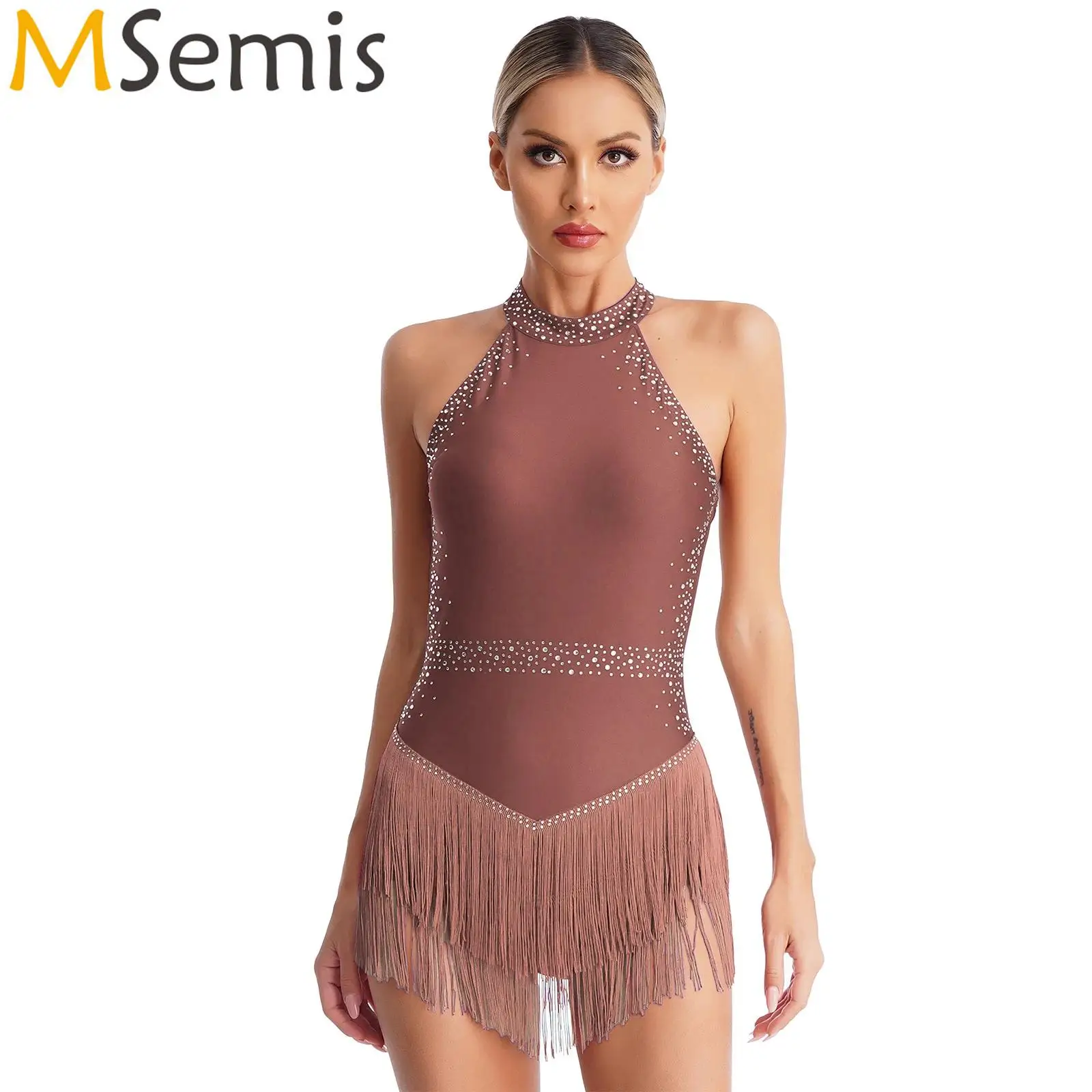 Womens Shiny Rhinestones Ballet Leotards Dress Tassel Halter Backless Fringe Bodysuit Ballroom Latin Tango Salsa Dance Costume