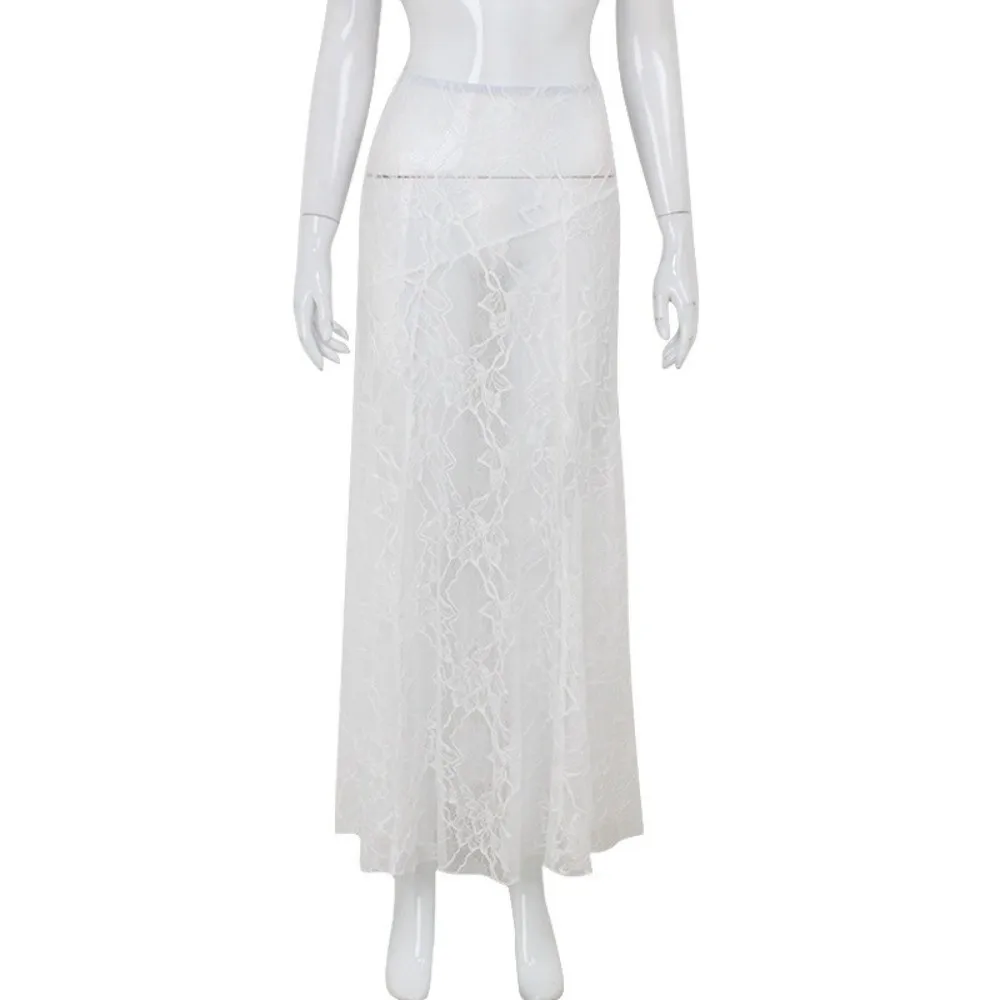 

Solid Color Lace Beach Dress Low Waist Elastic Waist Midi Skirts See-Through Design Floral Lace Skirts Women Summer Beachwear