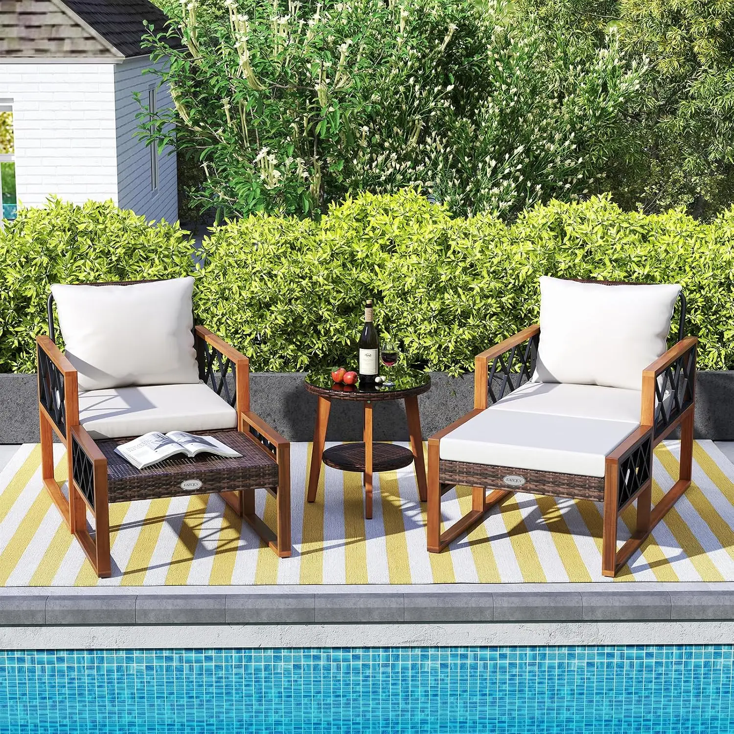 5-Piece Outdoor Rattan Patio Set, Acacia Wood Cushioned Chairs with Ottomans & 2-Tier Table for Porch Balcony Garden, Customized