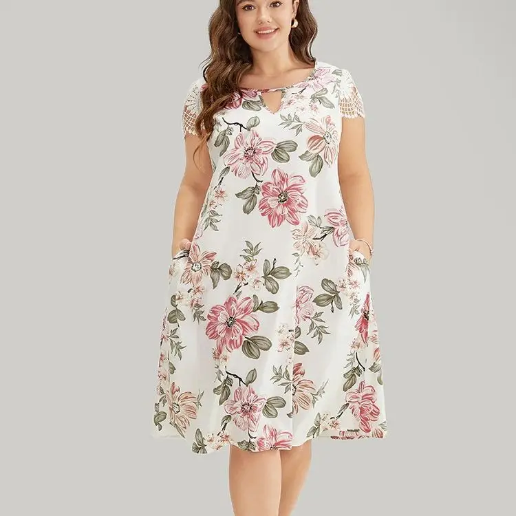 

2024 Plus Size Dresses Fashion Floral Print Short Sleeve Loose Dresses New Casual Women Temperament Elegant Round Neck Dresses