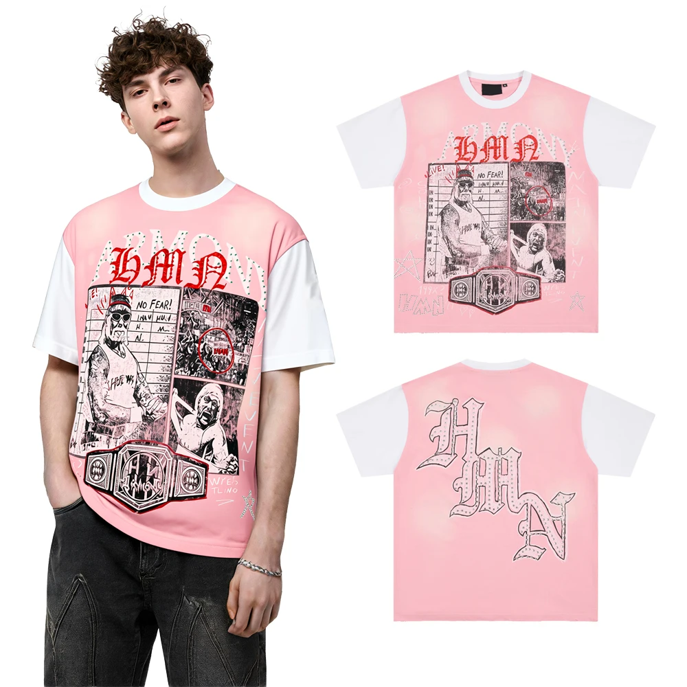 Y2k American Hip Hop Streetwear Boxing Graphic T Shirts with Rhinestones Cotton Street Style Casual Patchwork Short Sleeves Tees