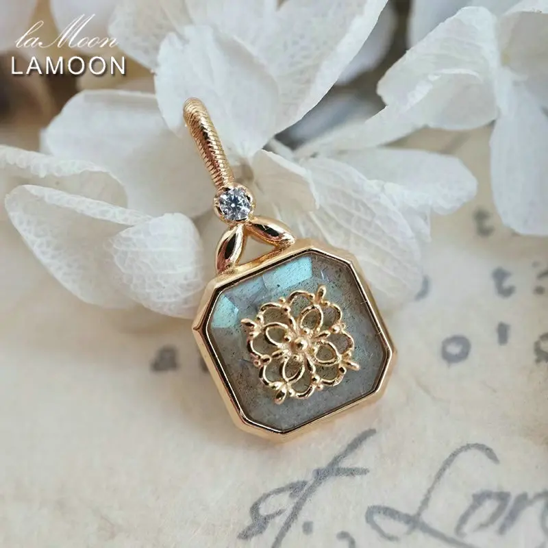 LAMOON Necklace for Women Natural Labradorite Gemstone Pendant 925 Sterling Silver Gold Plated Chain Luxury Fine Jewelry NI152