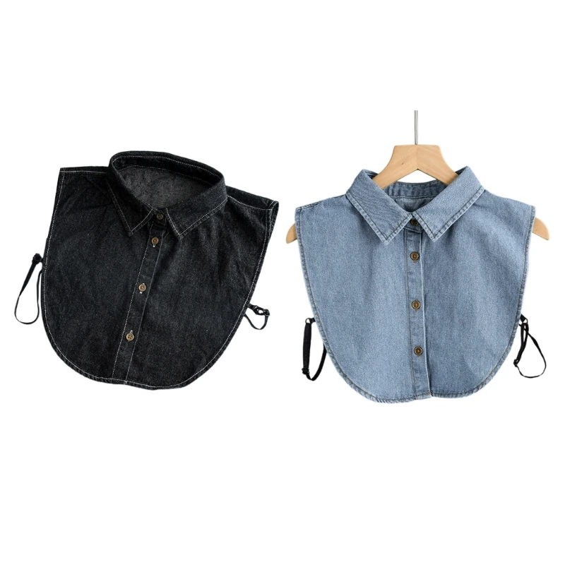 

Women Vintage Washed Denim Faux Collar Autumn Winter Detachable Dickey Blouse Button Down Basic Layering Lapel Half Shirt