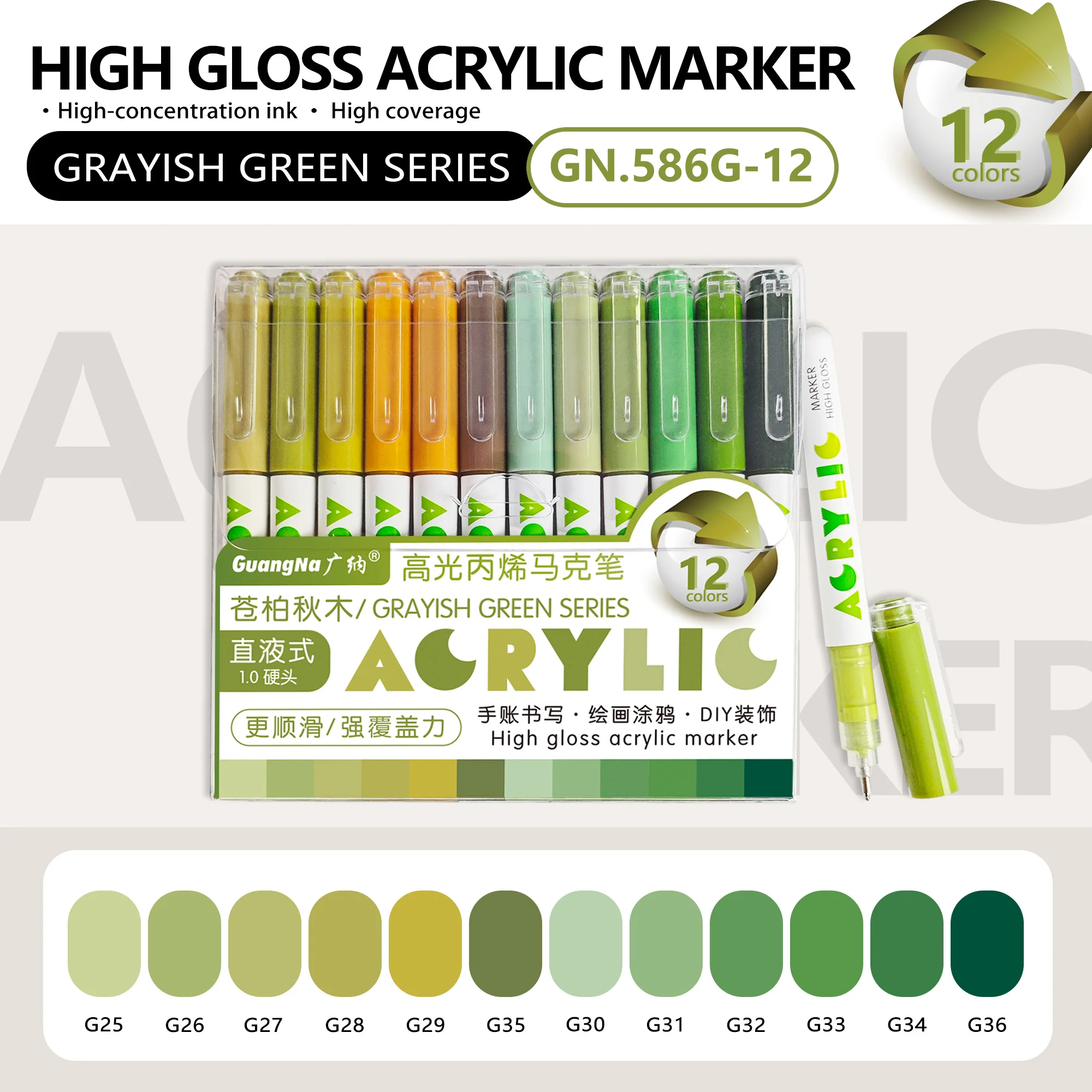 GuangNa 168/12 Kleuren Hoogglans Acrylmarker Set - Premium Direct Liquid Verfpennen voor Kunst, Schilderen, Handlettering & DIY