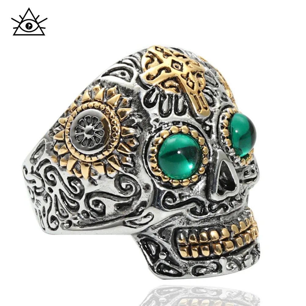 European And American Retro Titanium Steel Skull Cross Ring Jewelry Personalized Men\'s Carved Gabala Ghost Head Green Eye Rings