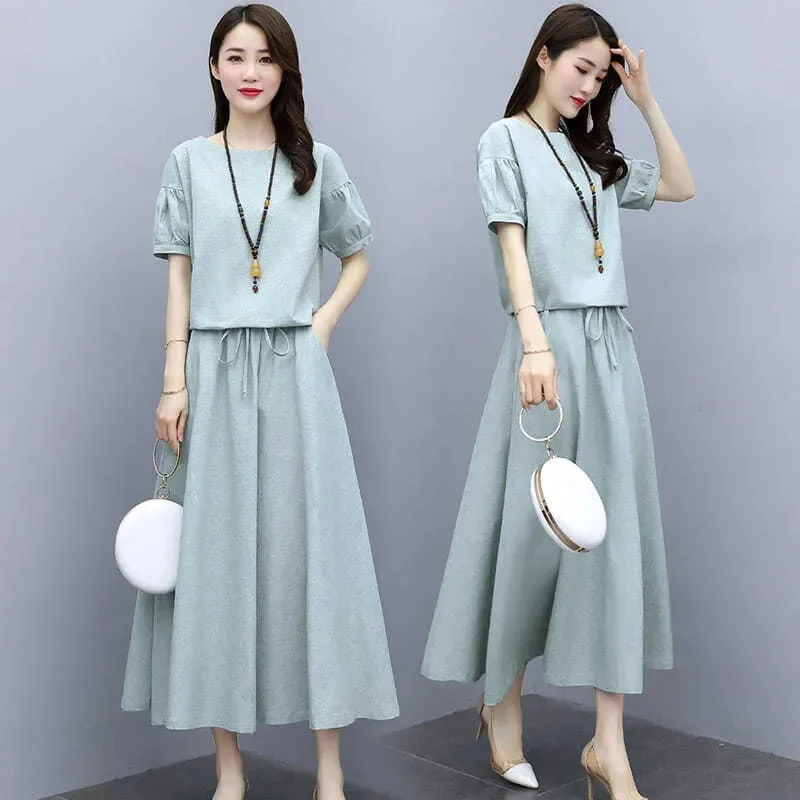 Cotton Linen Skirt Two-Piece Women\'s Summer 2024 New Set Slim Skirts Sleeve Suit Skirts Fashion 2PCS Temperament Female Outfit