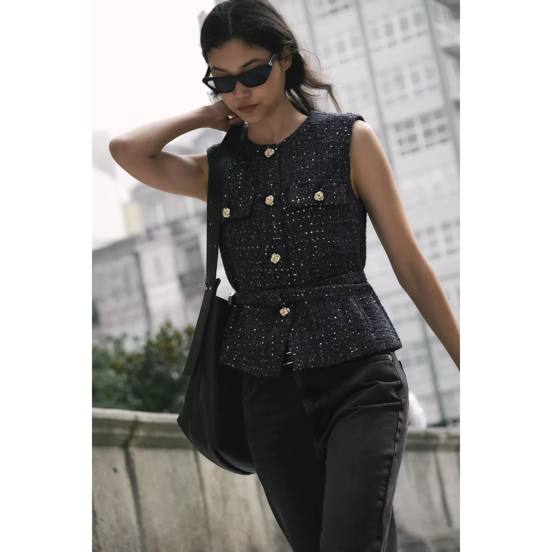 

ZBZR Spring Autumn New Women's Faionable Simptic Vest with Belt Bead Texture 35-39 Years Old Regular Length Single Button
