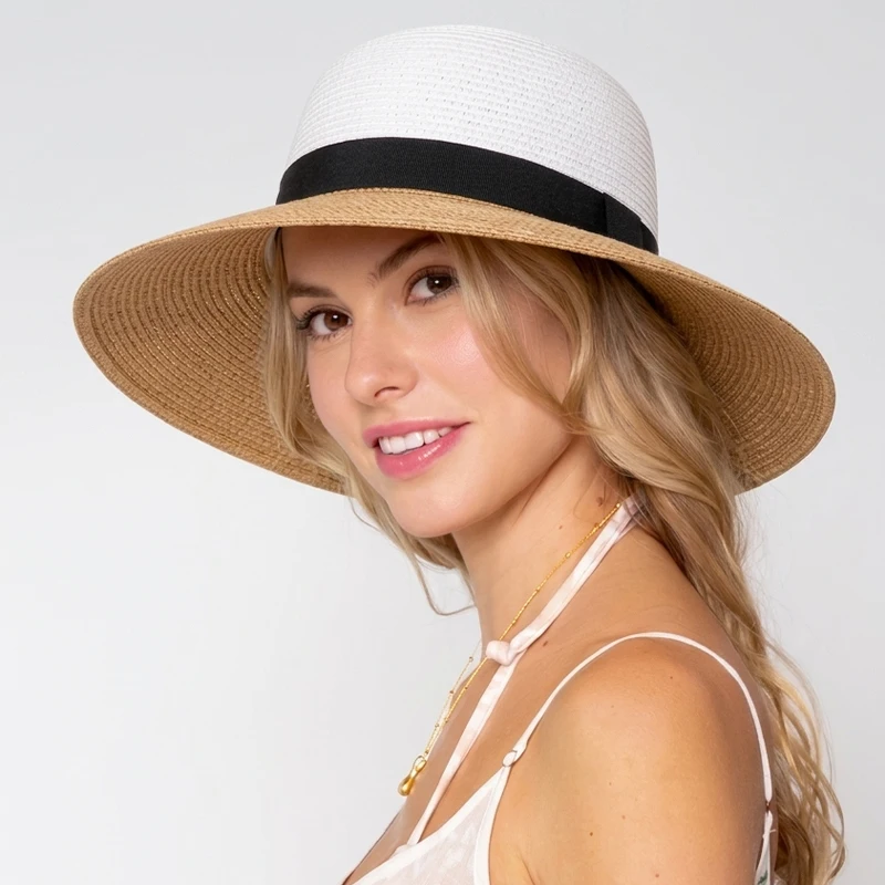 12cm Large Wide Brim Sun Hat Women Summer Two Tone Paper Straw Hat UV Protection Beach Cap Elegant Lady Ribbon Panama Chapeau