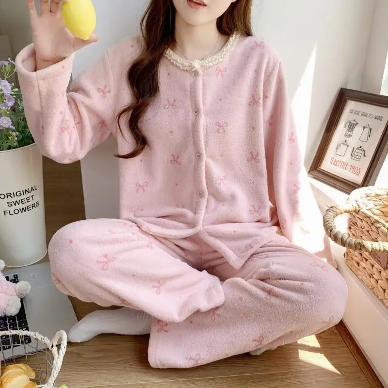 Damski komplet piżamy z polaru koralowego, zimowy strój domowy, do noszenia na zewnątrz, miękka odzież do spania, gruby, ciepły, piżama nocna, zestaw piżam dla studentek.