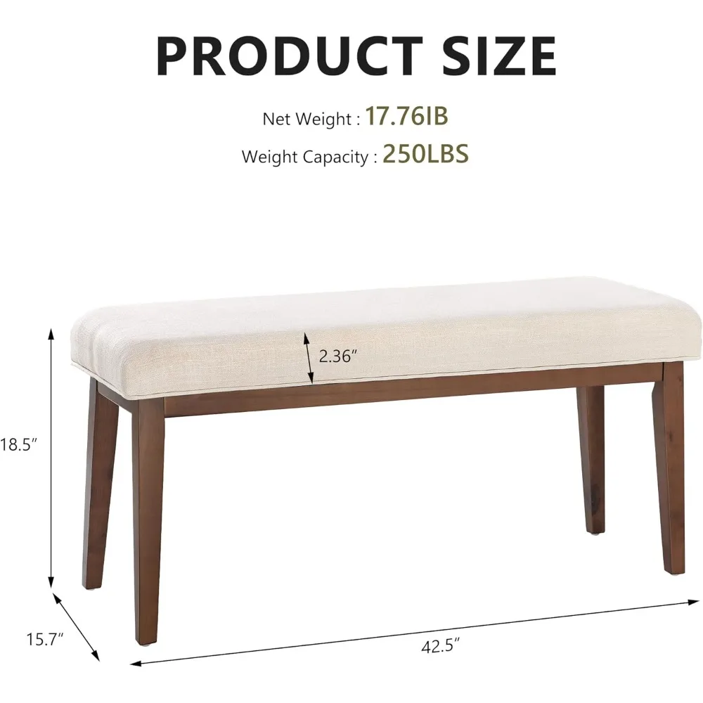 Banco estofado para quarto com uso de entrada de 42,5 e sala de estar, banco de jantar com assento acolchoado e pernas de madeira maciça