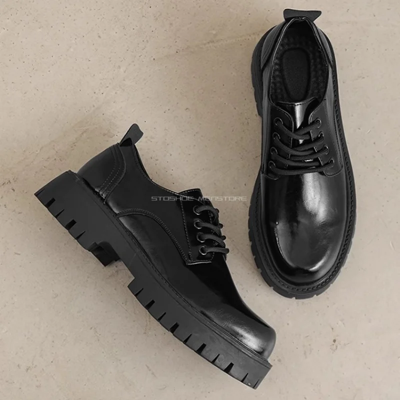 

British Vibe Derby Shoes for Men Thick Soled Leather Shoes, Men's Casual Business Attire Height Up Lace Up Round Toe Shoes